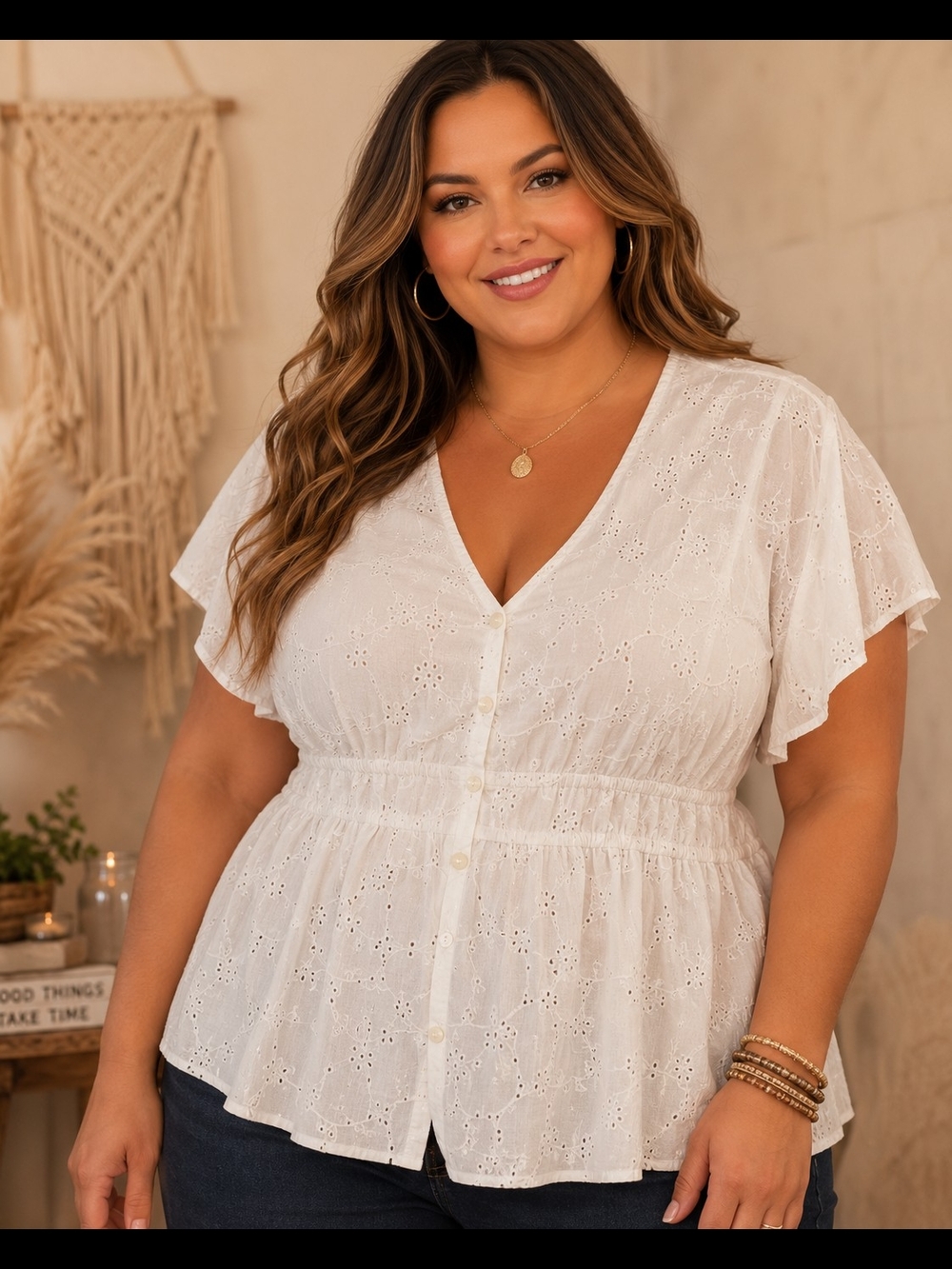 White Eyelet Embroidered Boho Peplum Blouse Plus Size 3X V-Neck Top - Picture 1 of 6